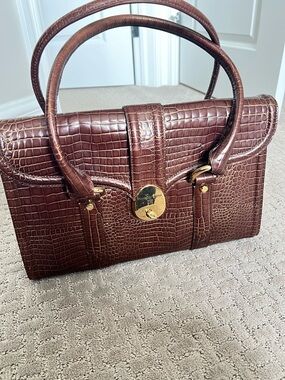 Francesco Biasia Croc-Embossed Dark Brown Satchel with Gold Hardware